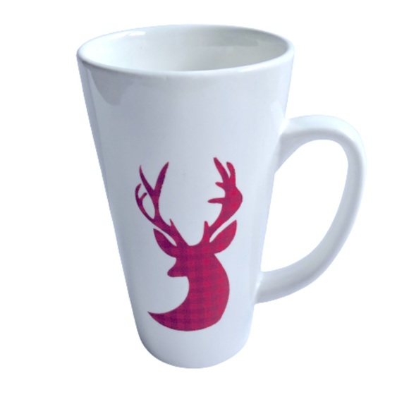 NEW Latte Mug Deer Plaid Reindeer Coffee Ceramic 6” Tall NWOT - Picture 1 of 14